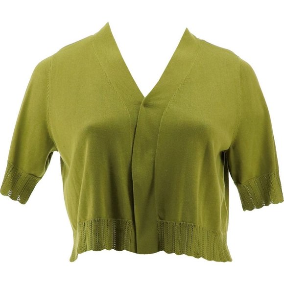 NWT ISAAC MIZRAHI SCALLOP TRIM OPEN FRONT CARDIGAN SWEATER CAPER GREEN XS - Picture 1 of 9